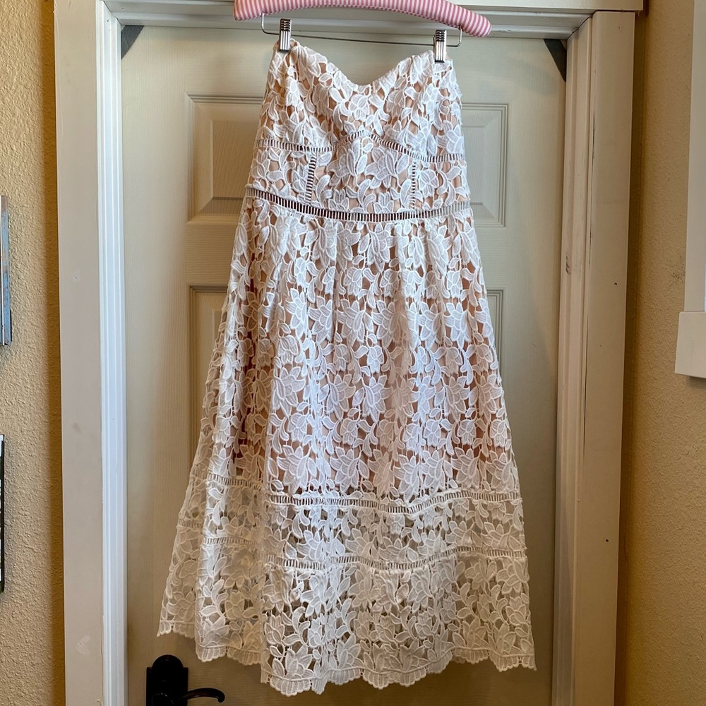 Dainty Hooligan White Lace & Nude Strapless Dress